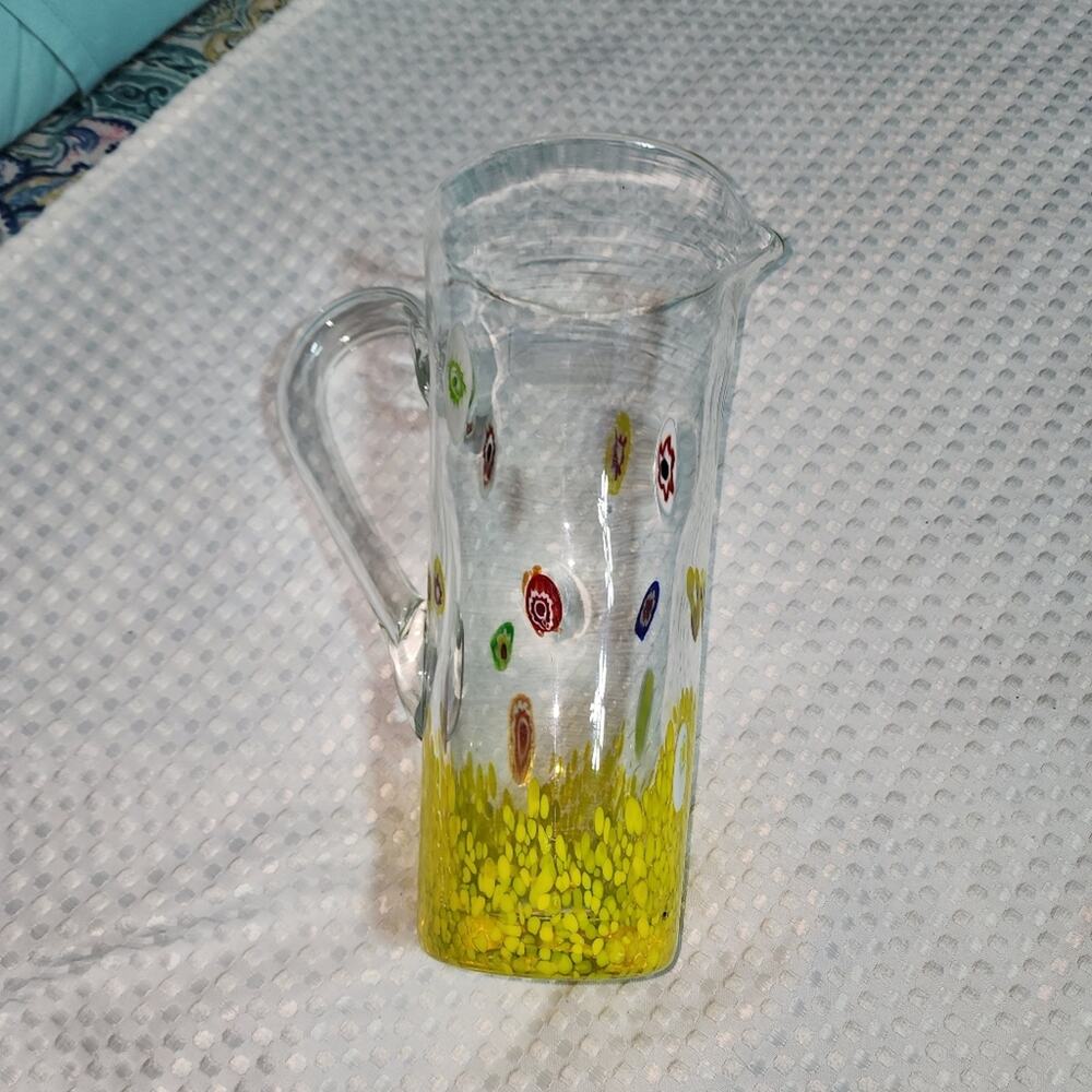VINTAGE VENETIAN ART DECO BLOWN FIELD OF FLOWERS GLASS PITCHER